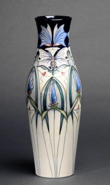 alt="Rachel Bishop sweet harmony vase blue and green floral patterns on white background" 