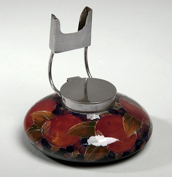 alt="Moorcroft pomegranate inkwell dark red and orange"