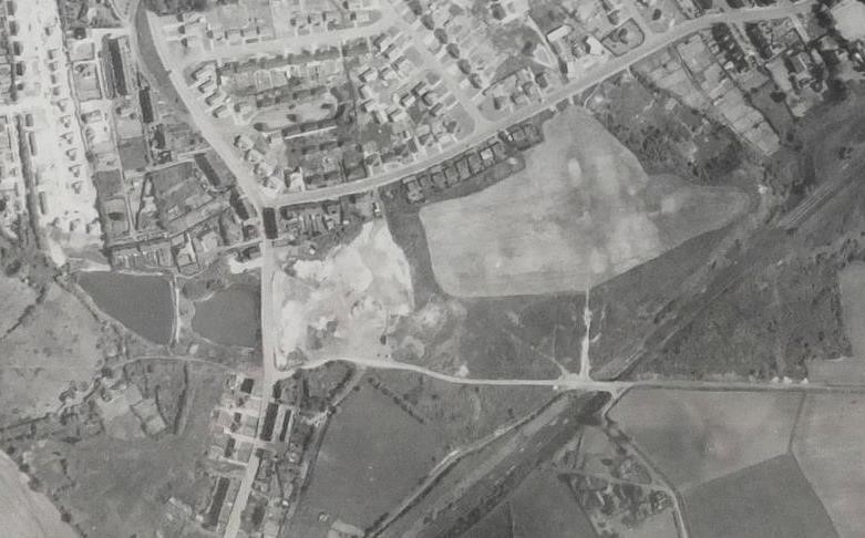 black and white aerial photo showing Milton ironworks site from above