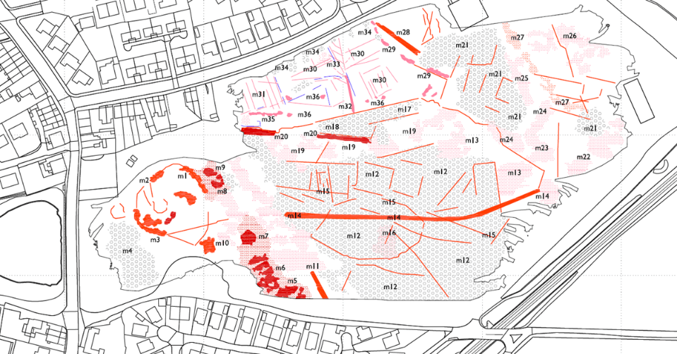 map of site with possible archaeological features marked in red