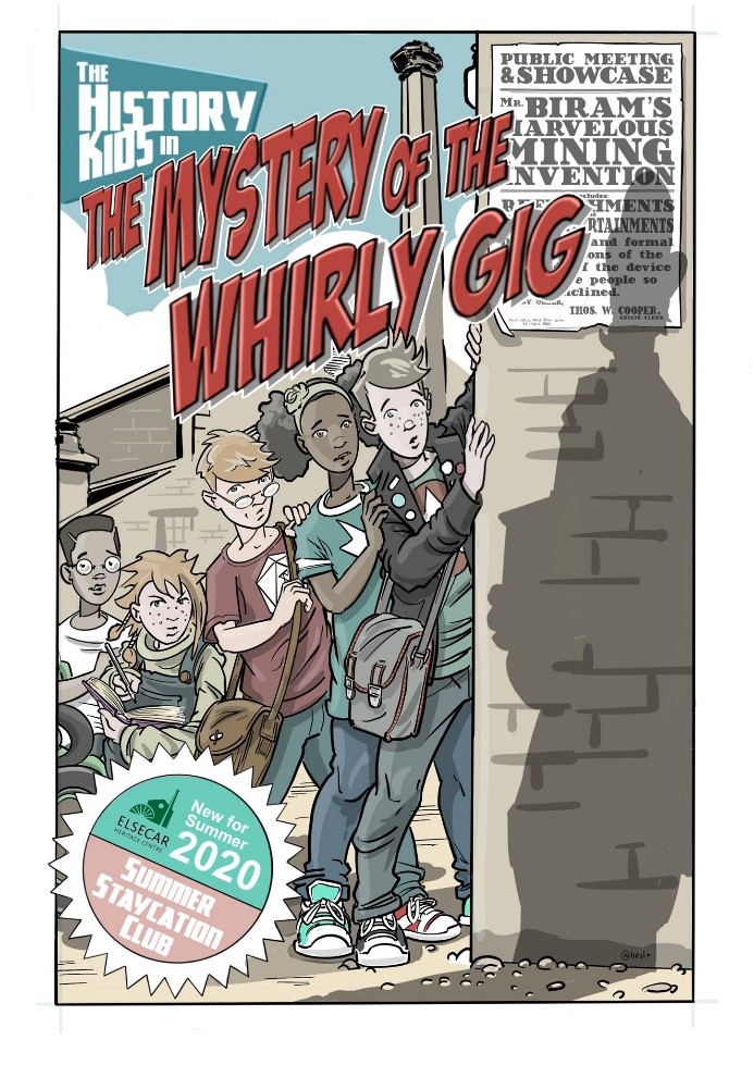 cartoon five kids peering round a wall at shadowy figure