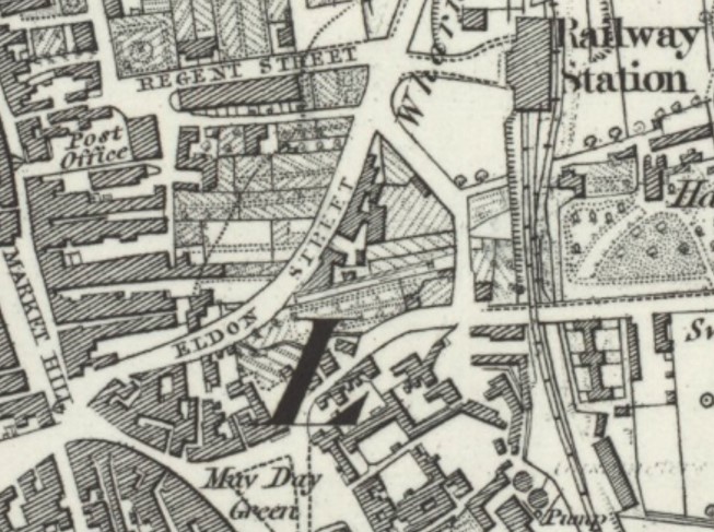 Black and white map showing Eldon Street with buildings and garden plots along both sides
