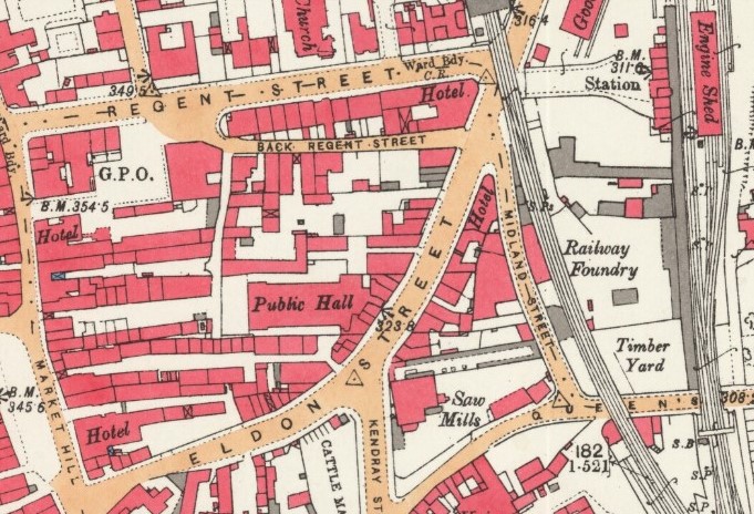 Historic map of Eldon Street showing buildings and streets