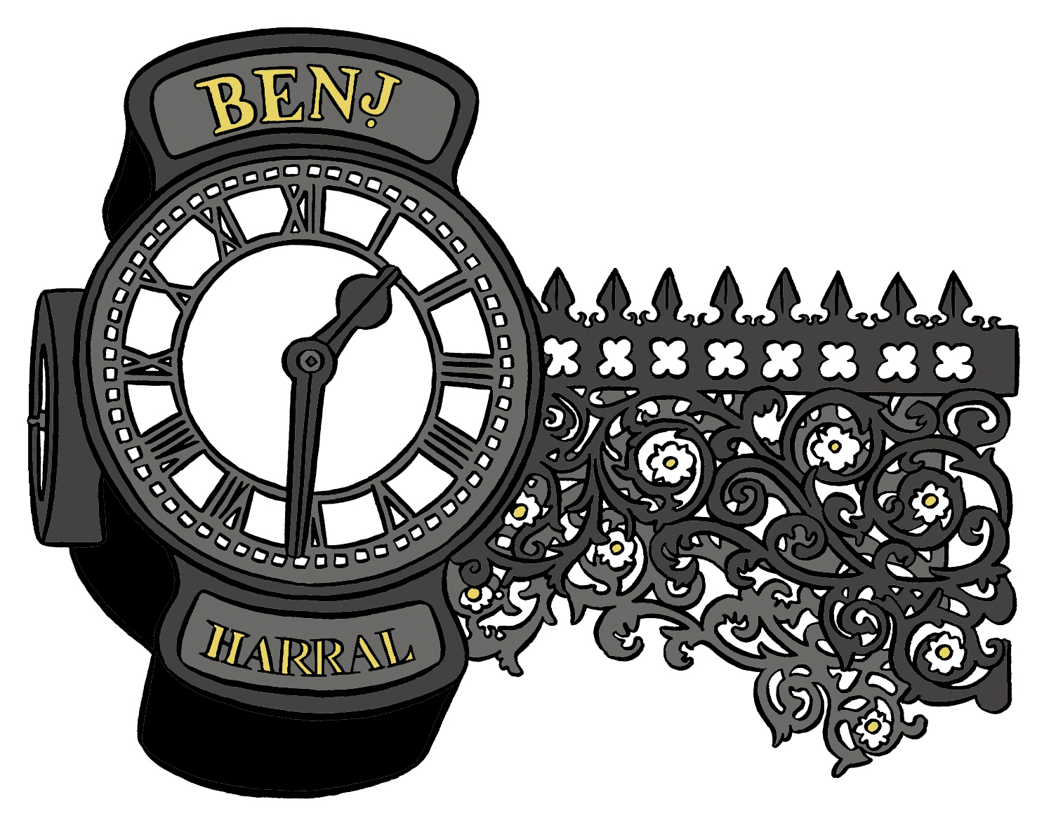 Victorian shop clock with decorative scrolled bracket and Benj Harral written above and below the face