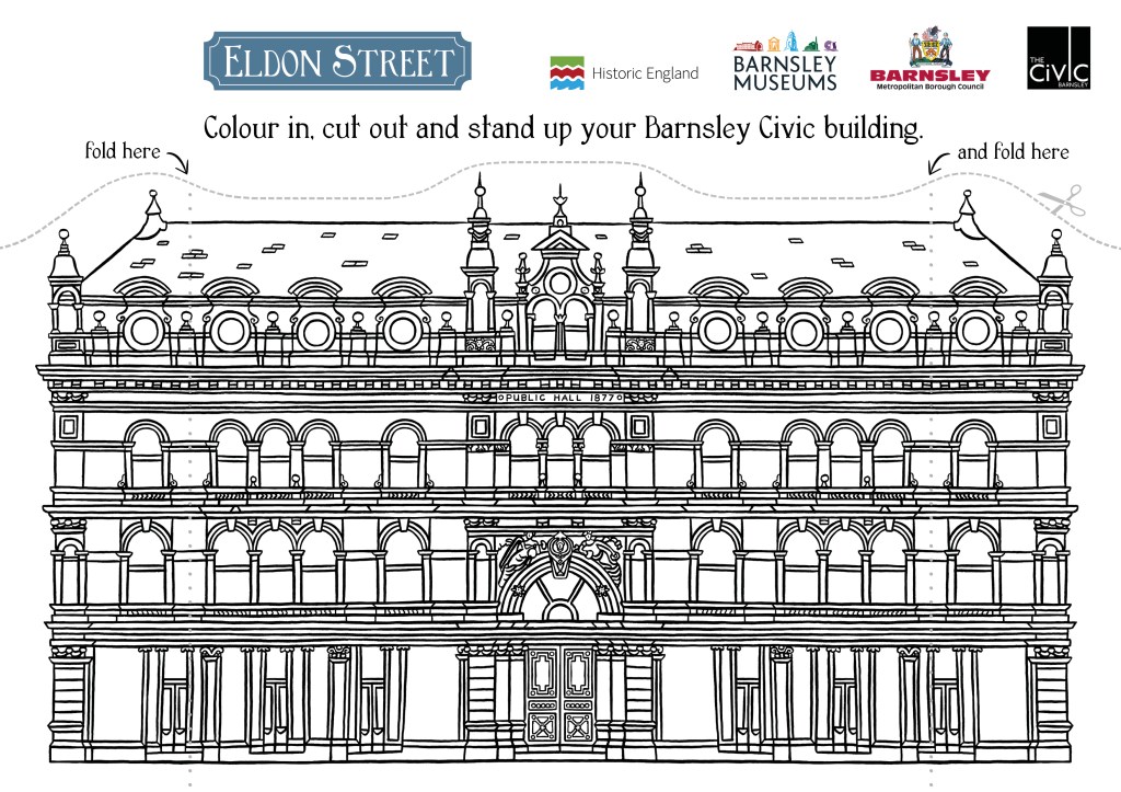 Black and white line drawing of the front of the Barnsley Civic building