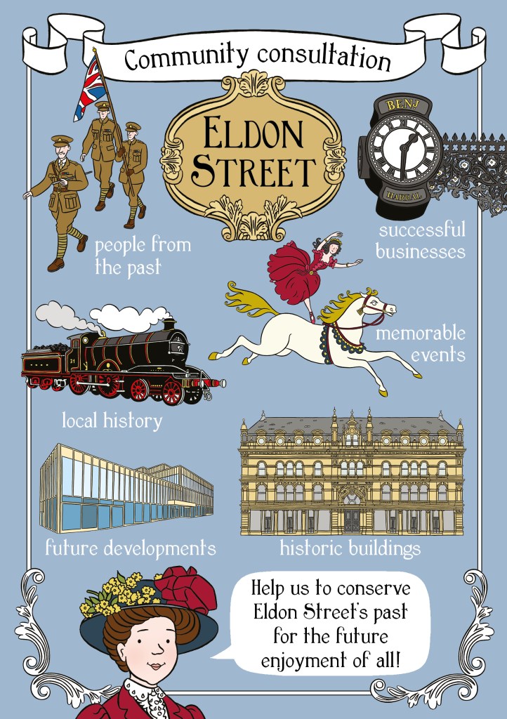 Front sheet of the community consultation pack featuring illustrations of historical places and events connected to Eldon Street