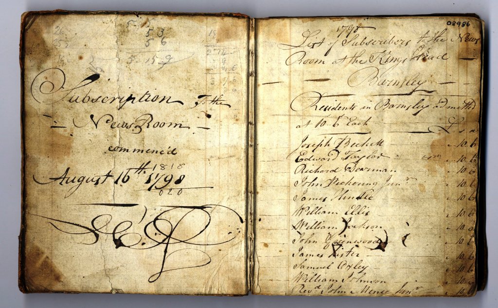 Subscription book, the left hand side page has the date August 16th 1798. The second page has a list of subscribers it is hard to make out most of the names