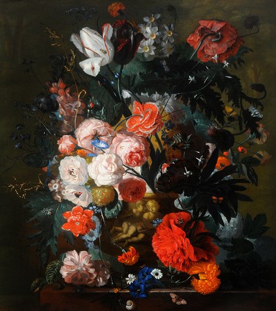 Oil painting of decorative flower arrangement against a dark background. Flowers mainly red, pink and white with dark foliage