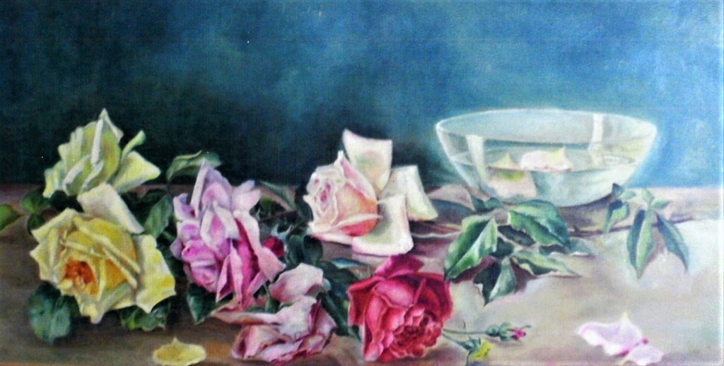Painting of roses laid out on a table next to a bowl of water, against a vivid blue background