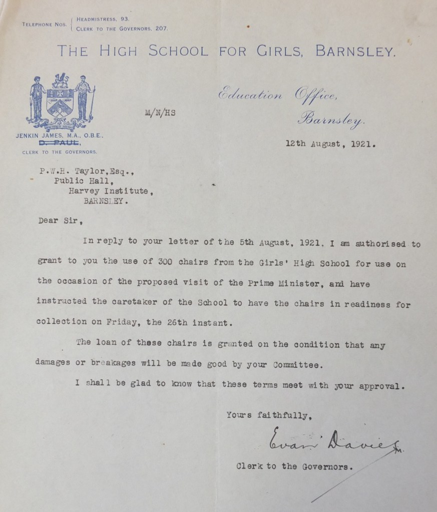 Letter from Barnsley Girls School confirming use of 300 chairs on the condition any damages or breakages will be paid for.