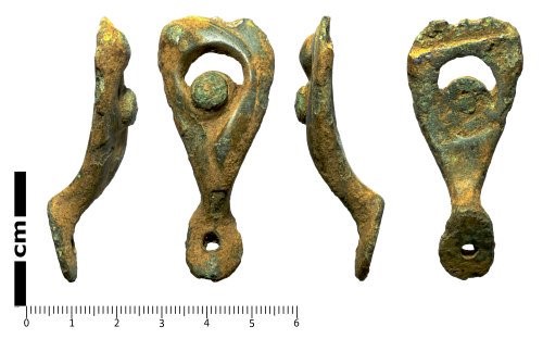 Photographs of the back, front and sides of a copper alloy handle from the Portable Antiquity Scheme database
