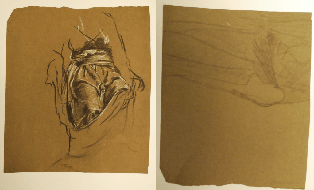 Pencil compositional sketch of draped, seated female torso associated with ‘St Catherine of Alexandria’ (recto) and pencil sketch of a standing figure (detail) on the reverse