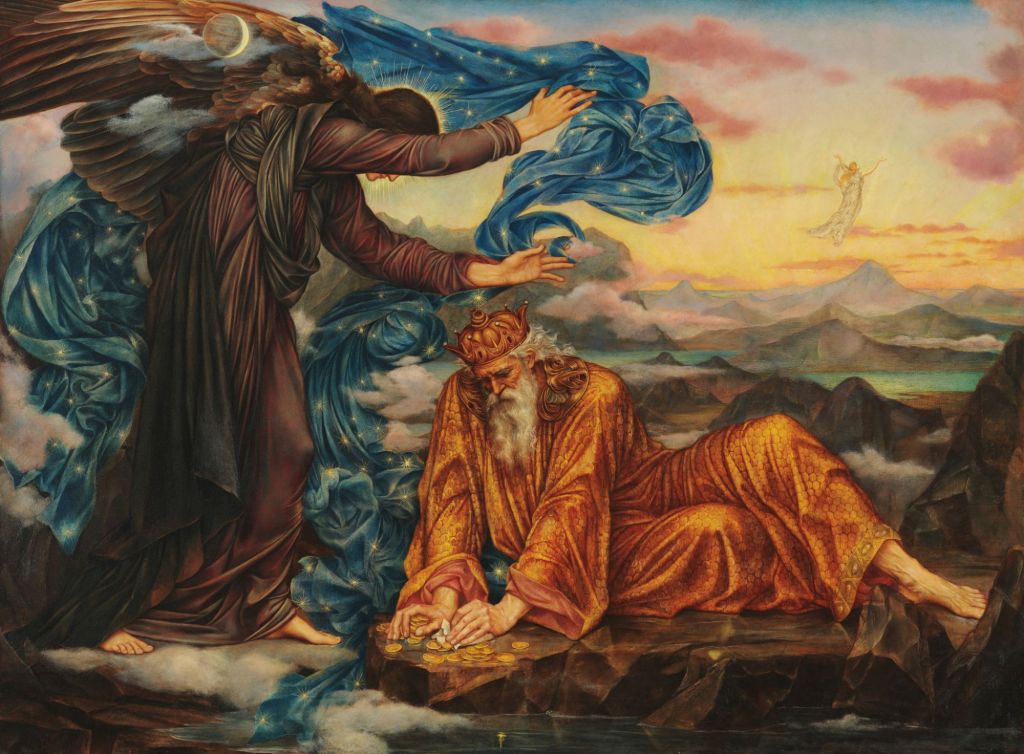 There is a figure  with wings standing over a bearded man on the ground. The painting one of a sunset, there's an angel in the distance and the moon is to the left of the composition.