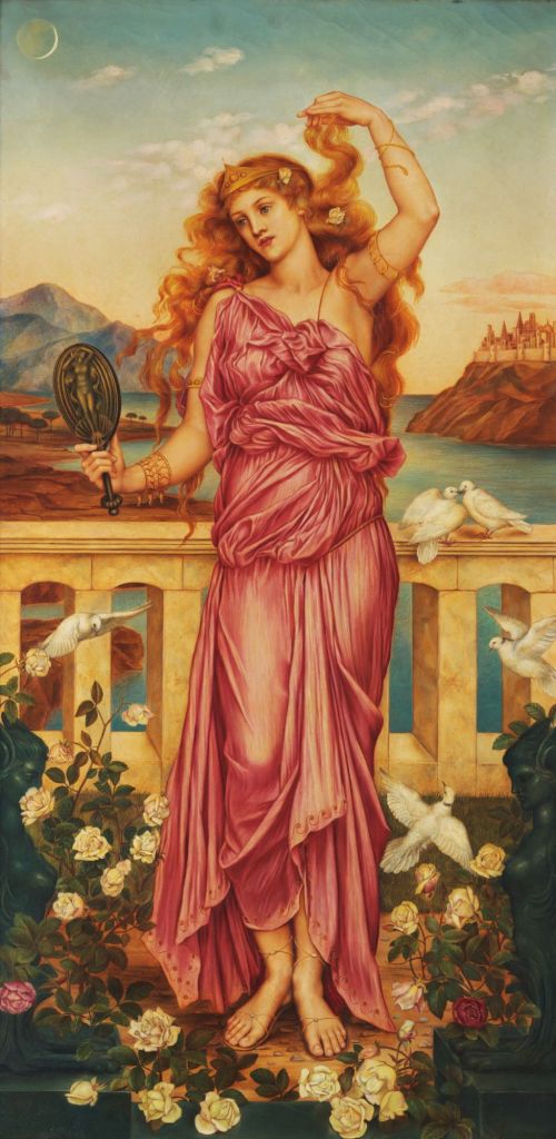 A painting featuring Helen of Troy. There is water and a castle behind her. She is surrounded by doves and is looking into a hand held mirror.
