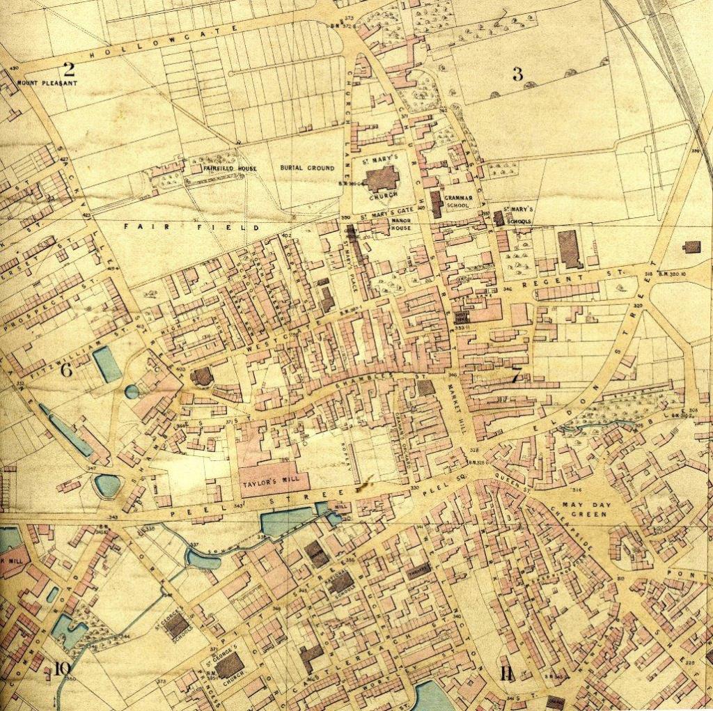 A brightly coloured section of the 1856 map focussed on the town centre