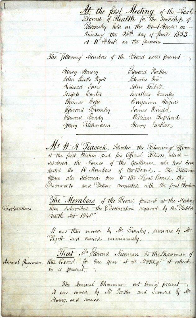 A one page document, which is from the first board of health meeting in Barnsley on 28th June, 1853
