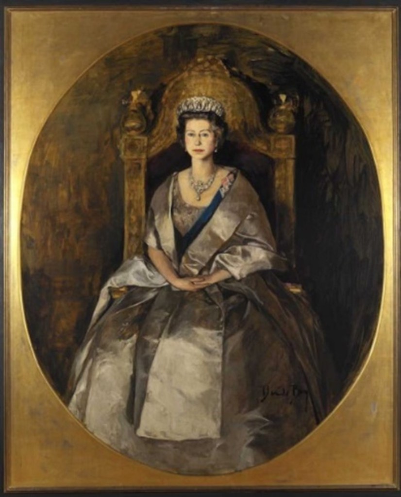 portrait of Queen Elizabeth II seated on a throne. She is wearing a white dres with matching necklace and tiara