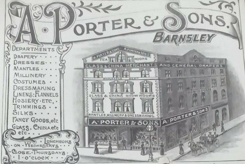 Letter head for A Porter and Sons with an engraving of their building on Eldon Street and a list of departments down the side. Listed departments are drapery, dresses, mantles, millinery, costumes, dressmaking, linens, flannels, hosiery etc, trimmings, silks, fancy goods, glass, china etc. Luncheons on Wednesdays, close Thursdays 1 o clock.