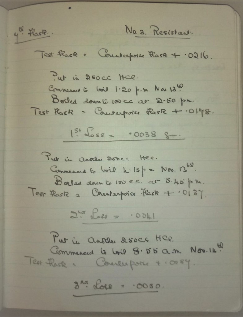 Handwritten notes detailing the results of experiments boiling hydrochloric acid in test flasks. 