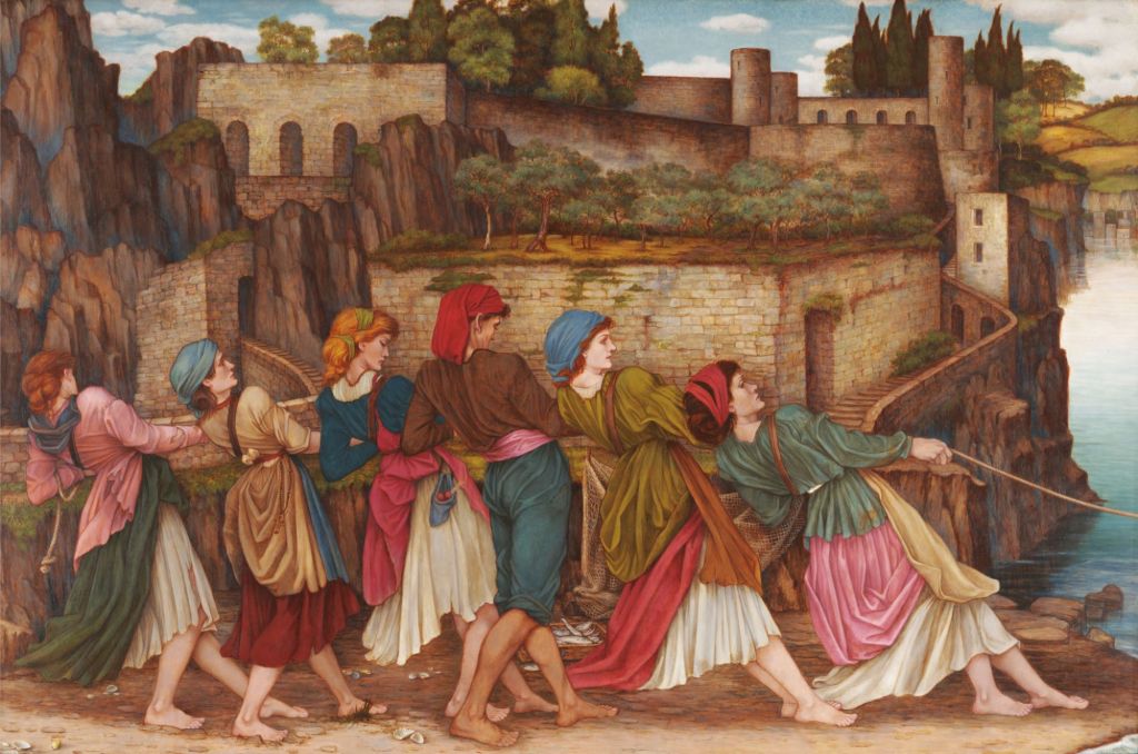 6 ladies are seen in the foreground pulling on a rope, although boats are mentioned in the paintings title there are none visible in this image. There are buildings and trees in the background