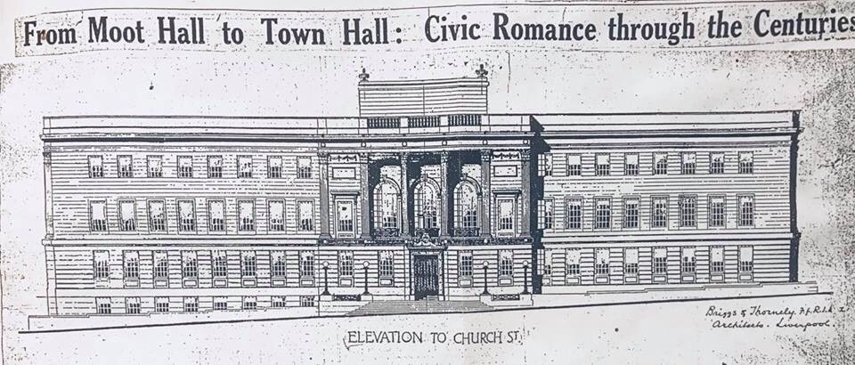 A drawing of the town hall without the additional tower and clock. The caption reads "From Moot Hall to Town Hall: Civic Romance through the centuries