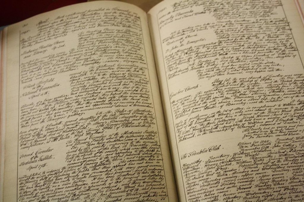 A photo showing two pages from Burland's book, he had very small wriitng!