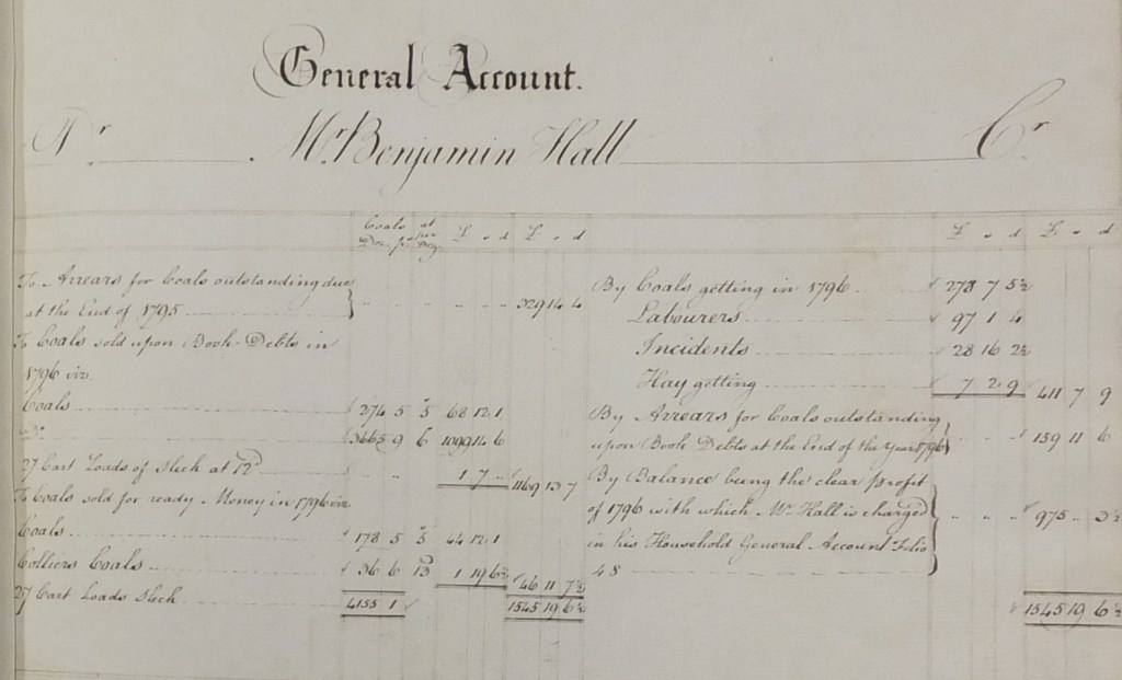 Excerpt from the ledger. List of items including coal getting, labourers, incidents and hay getting with costs of each in pounds, shilling and pence. At the top is General Account Mr Benjamin Hall in elaborate copperplate handwriting.