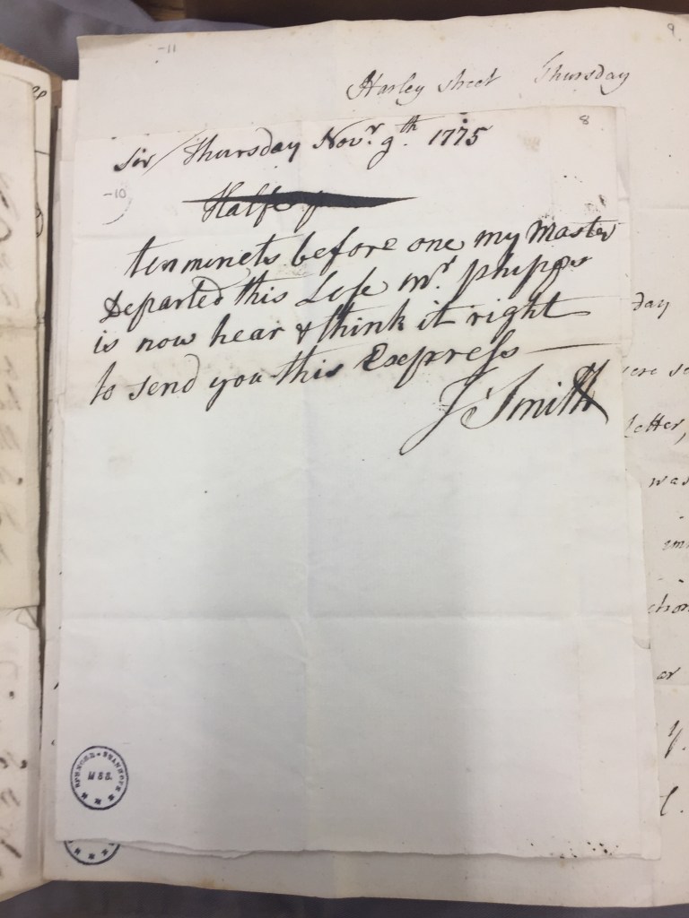 A letter from John Smith to Walter Spencer Stanhope regarding the death of  John Spencer 