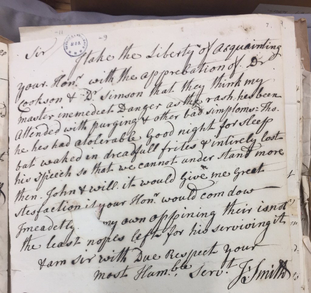 A letter from John Smith to Walter Spencer Stanhope, November 1775