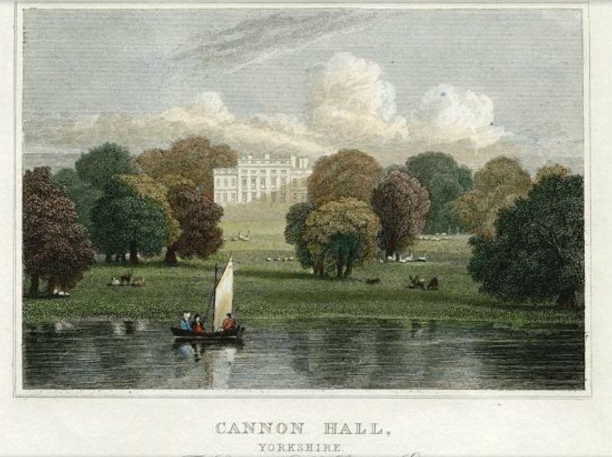 A painting of Cannon Hall which is in the background, there is a boat on the lake in the foreground