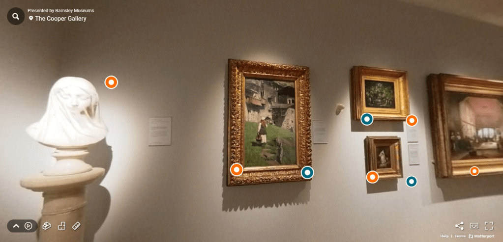 A photo of the inside of the cooper gallery which features the veiled lady next to other paintings