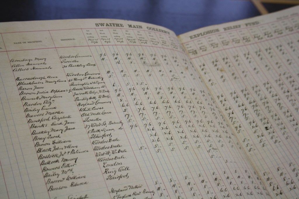 A double page spread from the Swaithe Main Colliery Explosion Relief Fund