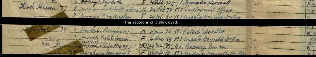 A section of the 1939 register which mentions Amy and Archibald.