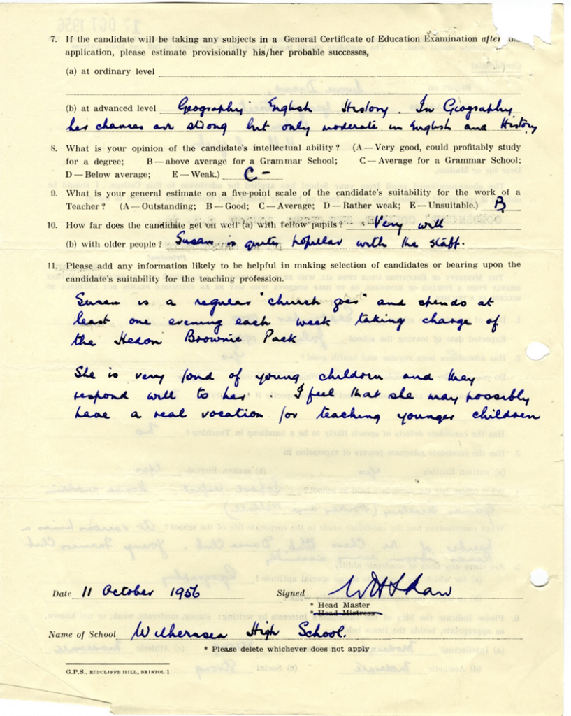 A page from a 1950s student application.