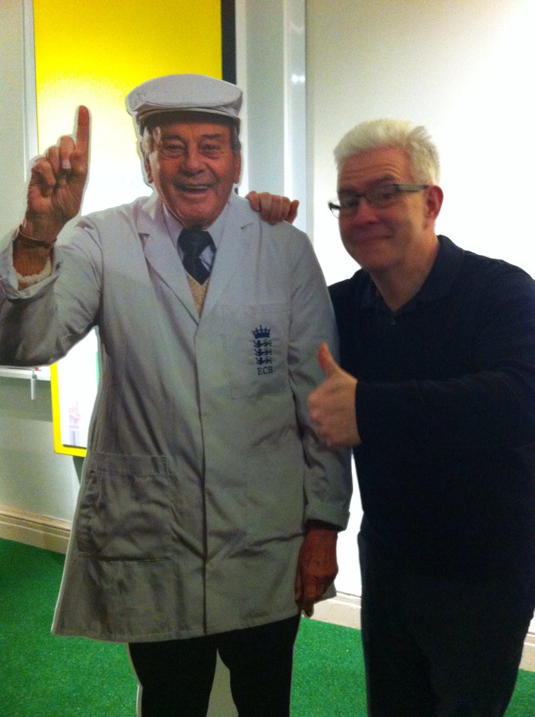 Ian McMillan with a cardboard cutout of Dickie Bird