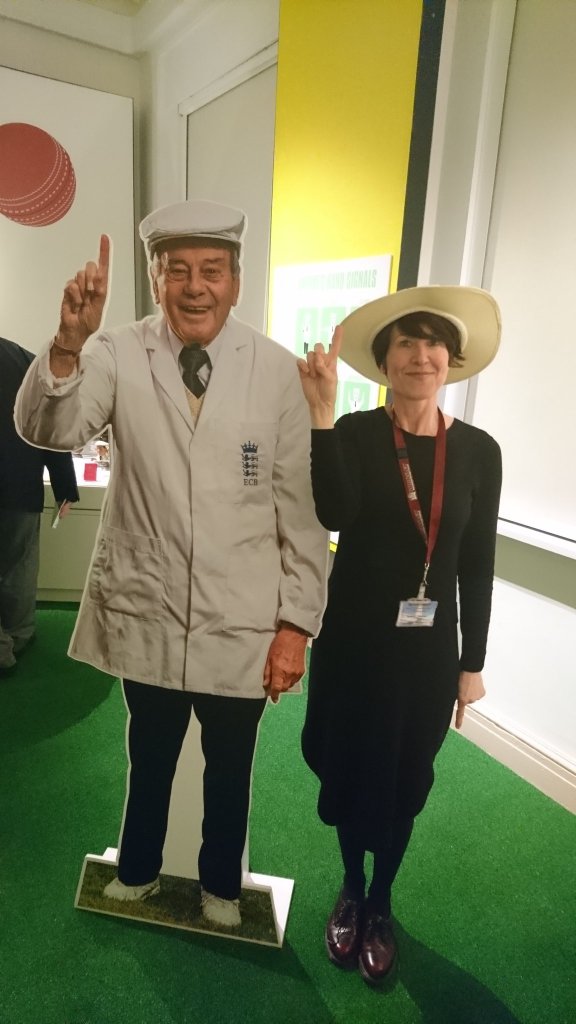 Alison with a cardboard cutout of Dickie Bird