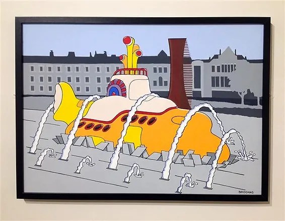 yellow submarine painting crashing into the fountains of Barnsley town hall