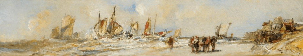 Oil painting of a coastal scene with the sea and ships to the left and the shoreline on the right. There is a group of figures on the sand and a small huddle of buildings on the land. The panel is in an elongated format.