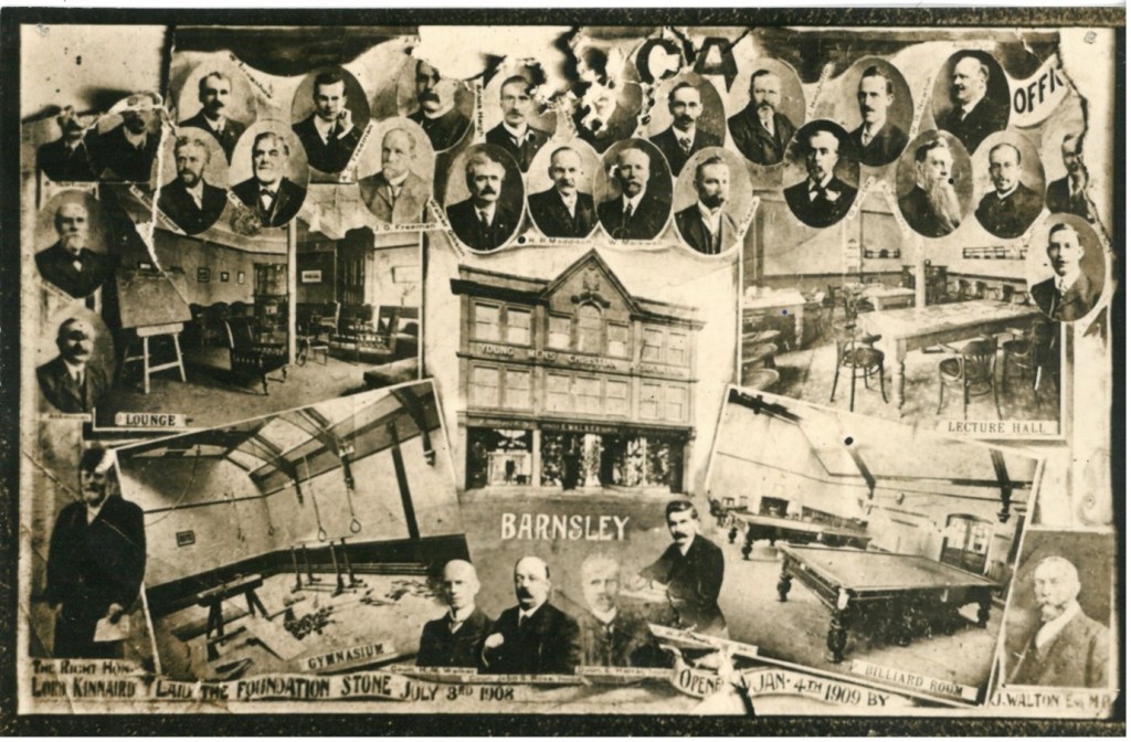 Postcard of the opening of the new YMCA featuring lots of photographs overlaid in a collage style. They show some of the room inside the building, including the lounge, gymnasium, lecture hall and billiard room. There are portrait photographs of the officials and other people involved in the organisation. They are all smartly dressed and all appear to be men. There are no women shown.