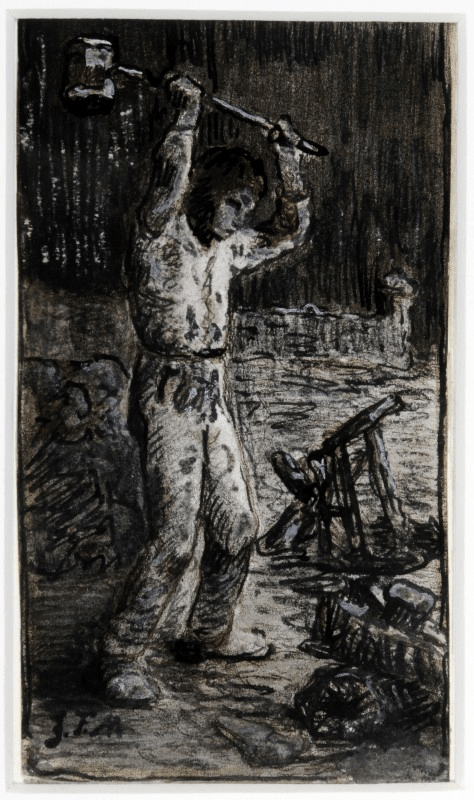 Drawing in ink, gouache and crayon of a man with an axe raised above his head. A pile of logs are shown at the bottom right hand side of the picture