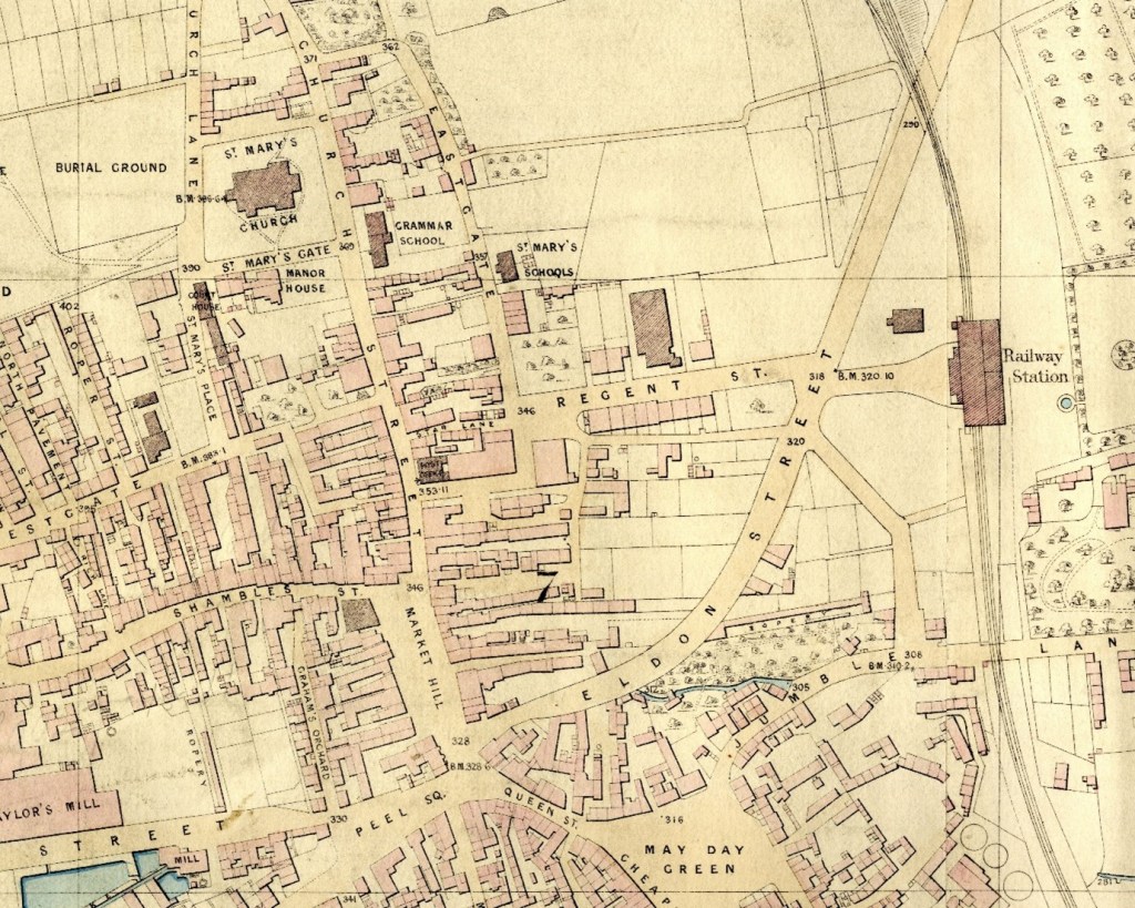 Map of the Eldon Street area showing roads and the outline of individual buildings. Eldon Street is shown surrounded by open plots, either fields or gardens, with a small number of building on the east side. The railway station is shown in the top right corner connected to the north end of Eldon Street.