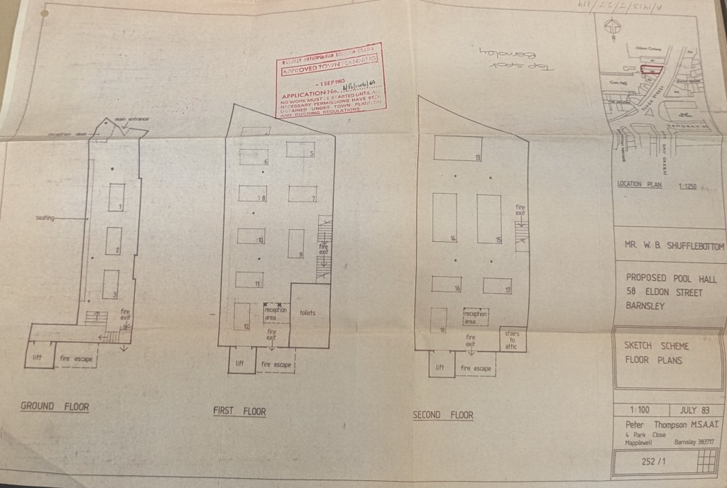 Architect drawings for the conversion of 58 Eldon Street to a pool hall dated July 1983. The drawings show 15 pool tables and 3 snooker tables laid out across 3 floors. A red stamp at the top of the drawing indicates that it was approved.