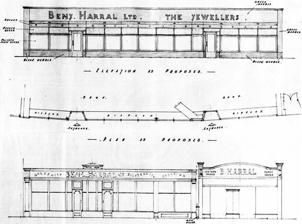 Architects drawing showing elevation and plan for the new shopfront to extent across 32 and 34 Eldon Street. The plans show the old shop front as existing and the current shopfronts as proposed.