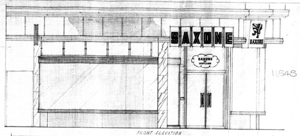 Architects proposals for new shopfront with Saxone sign above the door and the Saxone logo (a rampant lion with the word Saxone below) on the corner of the building above the shop window