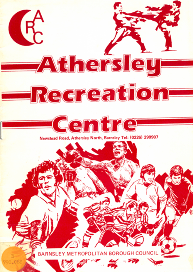 A red and white cover with text which reads ARC, Athersley Recreation Centre, Newstead Road, Athersley North, Barnsley Tel: (0226) 299907, Barnsley Metropolitan Borough Council.