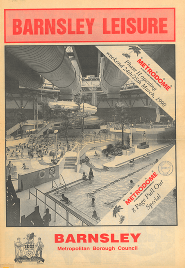 A magazine cover with a swimming pool, text reads: Barnsley Leisure, Metrodome, a Leisure & Amenities Service, phase 2 opening weekend 24th/25th March 1990, Metrodome 8 page pull out special, Barnsley Metropolitan Borough Council.
