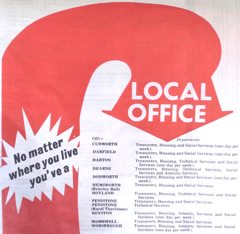 Advert with a red arrow pointing to a list of council offices and their departments. The text in the arrow reads 'no matter where you live you've a local office'. List reads Cudworth, Darfield, Dodworth offices with the departments of treasurers, housing and social services (one day per week). Hemsworth (Brierley Hall) Penistone and Wombwell with the departments of treasurers, housing and social services. Darton with the departments of treasurers, housing, technical services and social services (one day per week). Dearne with the departments of treasurers, housing, technical services and social services and amenity services. Hoyland with the departments of treasurers, housing, technical services and social services. Penistone (Rural Thurlstone) with the technical services department. Royston and Worsbrough with the departments of treasurers, housing, amenity services and social services (one day per week).