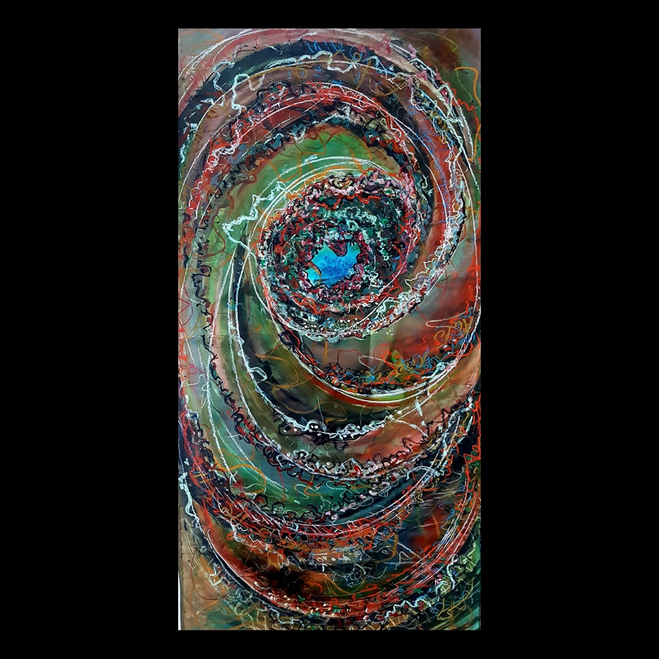 A vibrant abstract painting featuring a swirling vortex of colours, including reds, greens, blues, and whites. The spiral pattern creates a sense of movement and depth, with the colors blending and overlapping in intricate, dynamic layers. The background is black.