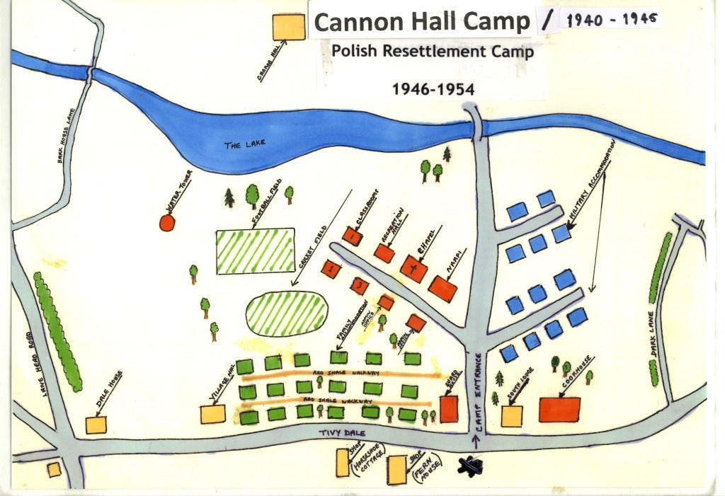 Hand-drawn map of Cannon Hall Camp, a Polish Resettlement Camp from 1946-1954, shows layout with roads, labeled buildings, trees, and a river labelled "The Lake." Buildings display functions like "Hospital," "School," and "Cookhouse," alongside housing areas.
