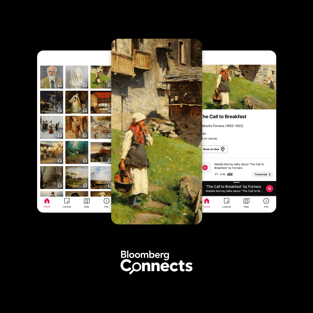 A composite image showcasing the Bloomberg Connects app interface, displaying a gallery of artworks. The main featured artwork is "The Call to Breakfast" by Nicolae Vermont, depicting a woman carrying a basket. Various app navigation icons are visible at the bottom.